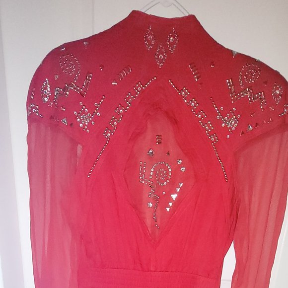 Vintage 1990's Shamash & Yofi Creations Adorned Red Jumpsuit with Sheer Sleeves - Picture 2 of 13